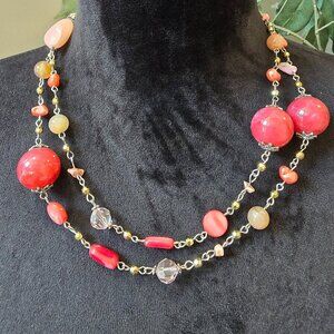 Womens Multicolor Pearl‎ & Crystal Beaded 2 Layer Necklace with Lobster Clasp